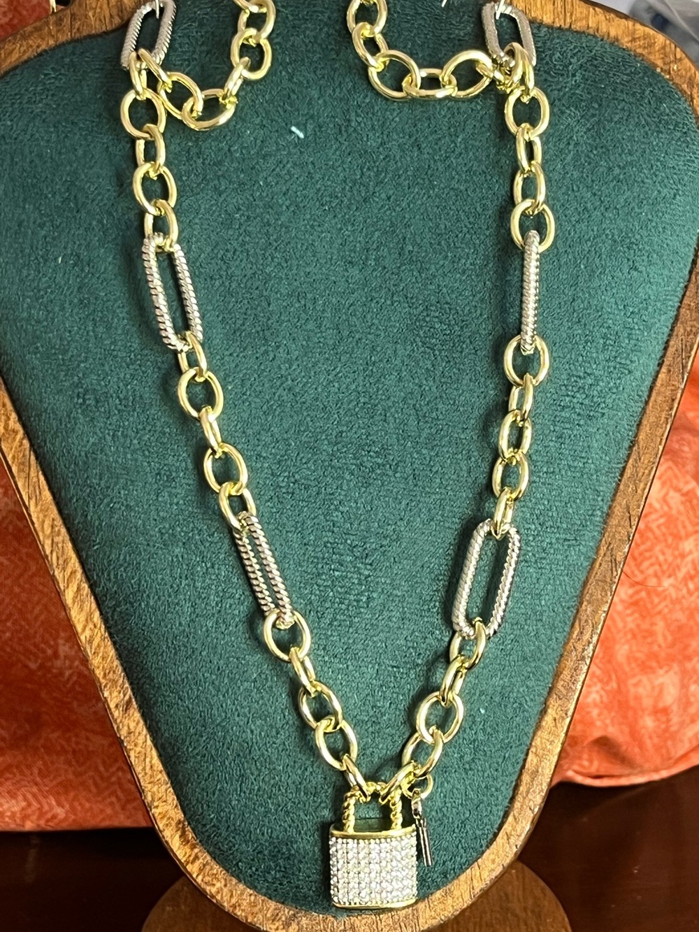 Gold & Silver Two-TonePadlock and Key Mixed Link Chain Necklace 16-18”